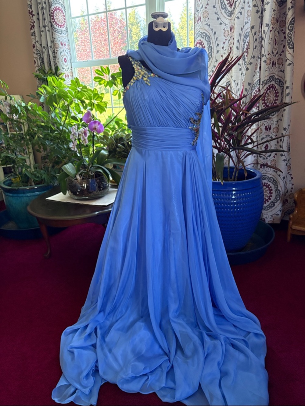 Dave & Johnny Blue One-Shoulder Evening Gown with Draped Scarf